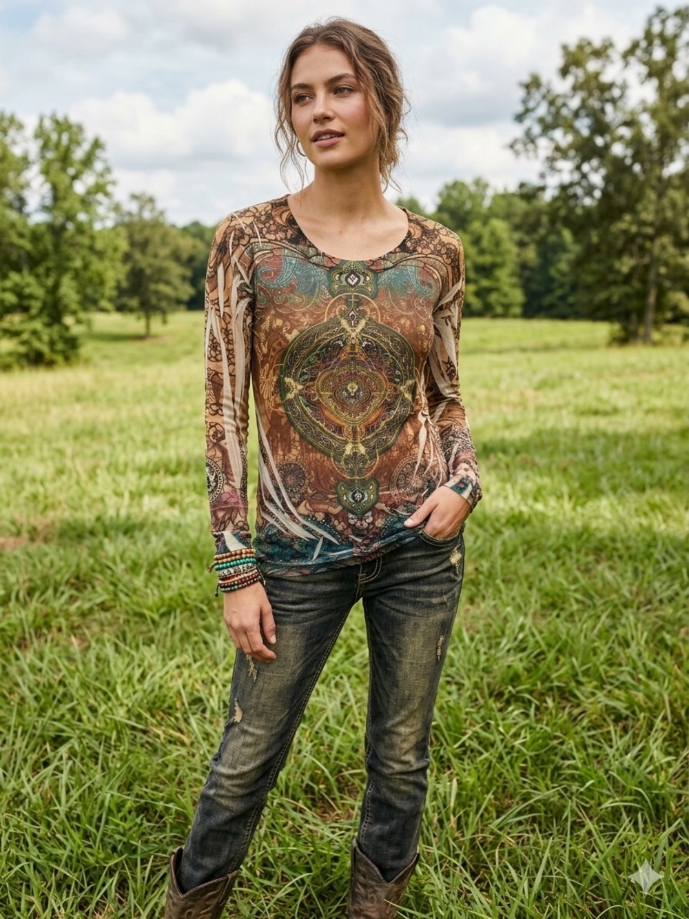 Decree Long-Sleeve Paisley Medallion Print Top — Size S/CH